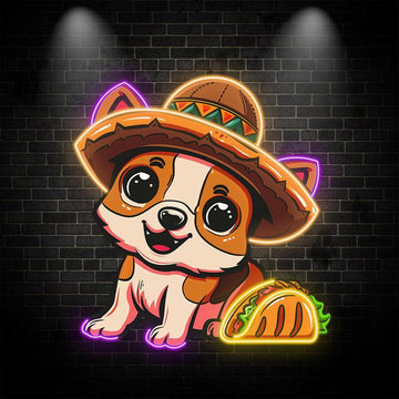 Cute Puppy Neon signs Lights - LED Lights with Hat Smile Next to Burger Design, Creative Home Decor, Perfect Party Vibe