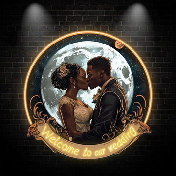 Golden Round Photo Frame Neon signs | Bride And Groom Kissing Wedding Blessing | Giant Moon Background Decoration | LED Lighting Art