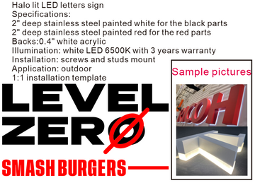 half payment of halo lit LED letters sign of "LEVEL ZERO......"  red and white