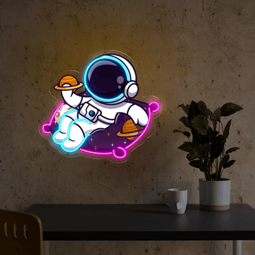 Cute Astronaut Holding Planet Artwork Led Neon Sign