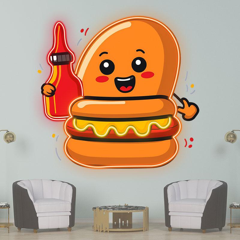 Happy Burger: holding the ketchup and smiling extra hard neon signs