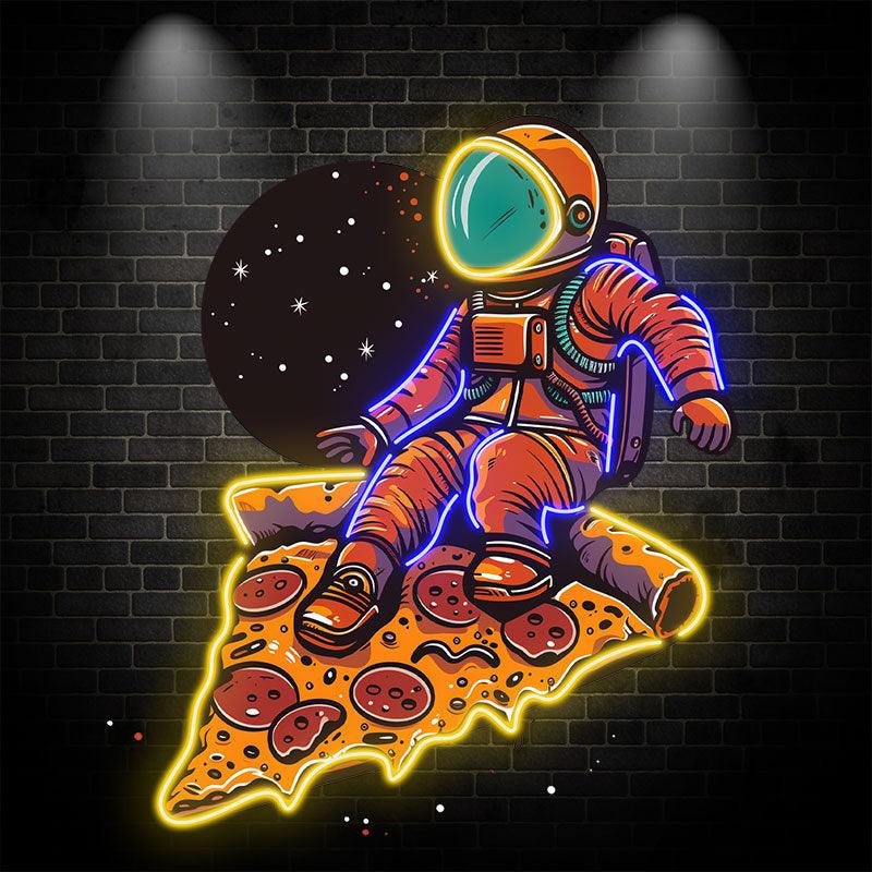 Space Pizza Party neon signs | Astronauts sitting on a big pizza | Creative Neon Decoration