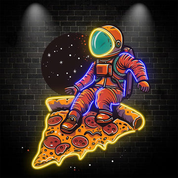 Space Pizza Party neon signs | Astronauts sitting on a big pizza | Creative Neon Decoration