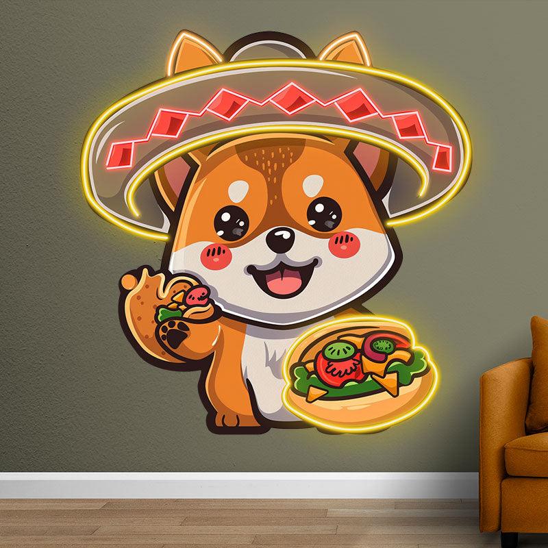 Cute Puppy Neon signs Lights - LED Lights, Head with Swimming Ring and Hand with Pizza, Funny Home Decoration, Perfect Party Vibe
