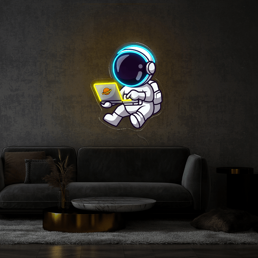 Cute Astronaut Working On Laptop In Space Artwork Led Neon Sign