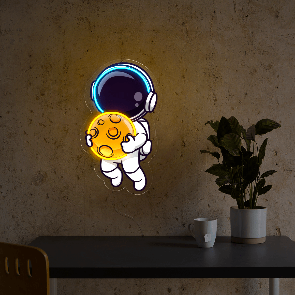 Astronaut Floating In Space And Holding Moon Artwork Led Neon Sign